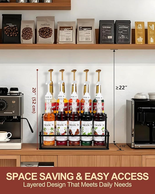 Happilif Coffee Syrup Rack Organizer, 2-Tier 10-Bottle Syrup Holder Stand for Coffee Bar & Liquor Display Shelf, Countertop Stand for Coffee Syrups, Wine, Spice, Soda Bar