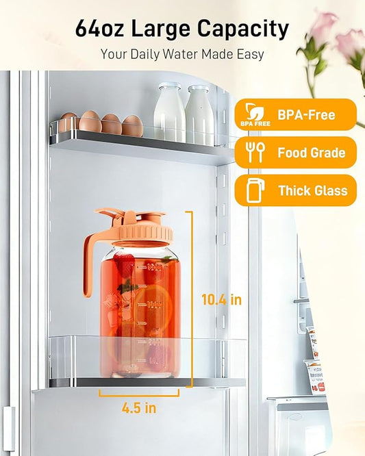 64 oz Glass Pitcher with Lid, Large Wide Mouth Mason Jar with Pour Spout, Orange Sun Tea Glass Jar for Outside, Lemonade Pitcher Great for Drink, Cold Beverages and Breast Milk