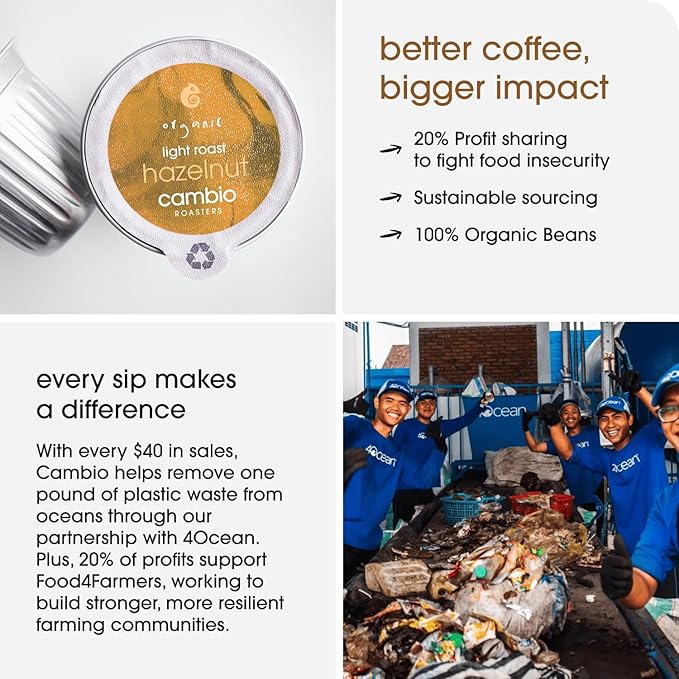 Cambio Roasters Hazelnut Light Roast Organic Coffee Pods - The Only Organic Recyclable Aluminum Coffee Pods, Small Batch Roasted, Keurig Compatible, Nutty Flavor & Longer Lasting Freshness, 60 Count