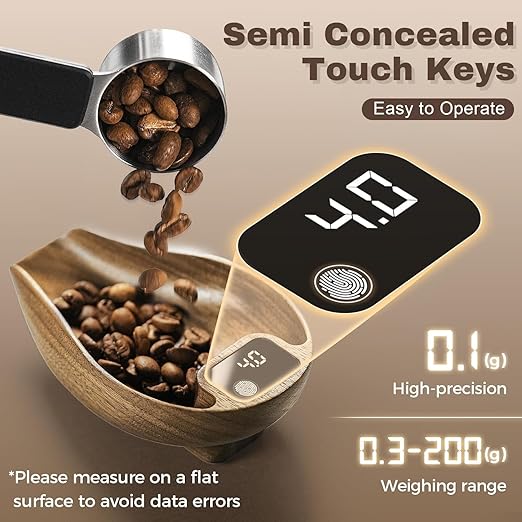 Wooden Tea Scale, Coffee Scale, Espresso Scale,Weigh Digital Coffee Scale with Timer, 0.1g 0.01oz Resolution 0.3 to 200g Rechargeable Elegant Kitchen Scale Walnut Color