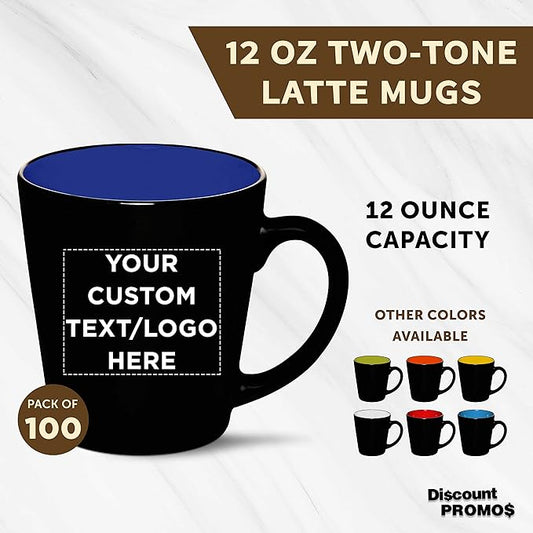 Custom Ceramic Coffee Latte Mugs 12 oz. Set of 100, Personalized Bulk Pack - Perfect for Coffee, Tea, Espresso, Hot Cocoa, Other Beverages - Royal Blue