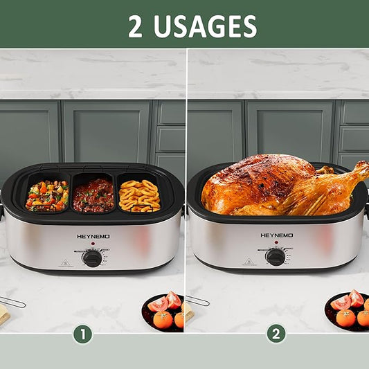 Roaster Oven 24QT, Electric Roaster Pan with 3 Compartments and Self-Basting Lid, Large Stainless Steel Electric Turkey Roaster Oven Defrost Warm Function, Removable Pan Rack, Fits Turkeys Up to 28LB