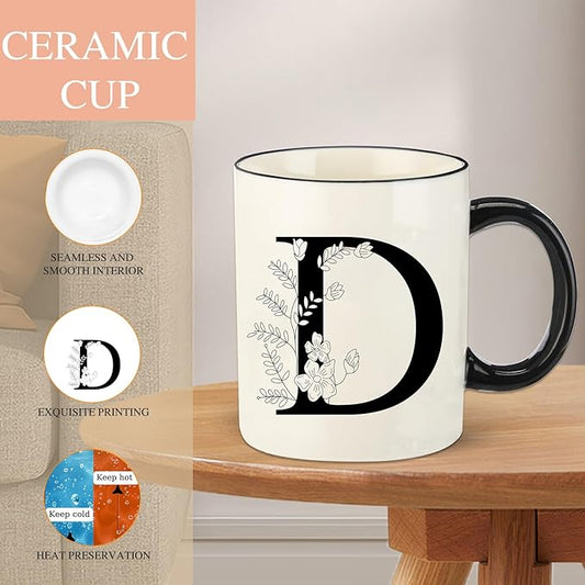 Monogram Ceramic Coffee Mugs, 11 oz Initial Drinking Cup with Gift Box, Unique Birthday Christmas Gifts for Women Wife Mothers Day Grandma Mom Aunt, D