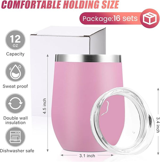 16 Pack Stainless Steel Wine Tumblers 12 oz Insulated Vacuum Wine Cup Set Double Wall Stainless Steel Stemless Mug Glasses for Coffee Soda Whiskey Outdoor Travel (Pink)