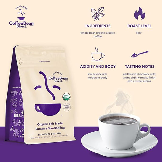 Coffee Bean Direct Organic Fair Trade Sumatra Mandheling, Whole Bean Coffee, Light Roast, 1 Pound Bag (Pack of 1)