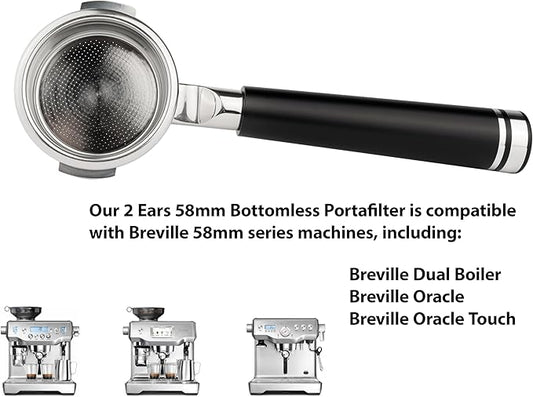LILQ 58mm Bottomless Naked 2 Ears Portafilter Compatible with Breville Machines– Includes 18–20g Basket (Aluminum Flat, 58mm For Breville)