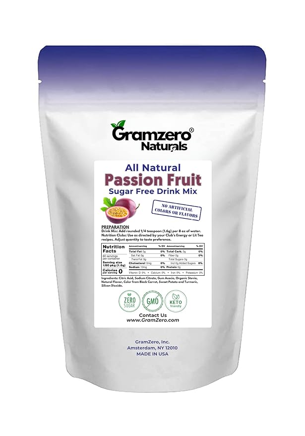 GramZero All Natural Passion Fruit Zero Calorie Sugar Free Drink Mix, Great For Nutrition Club Loaded Tea, Stevia Sweetened