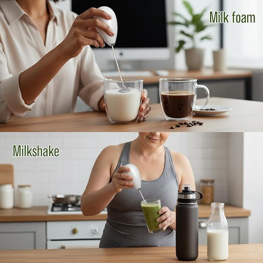 Hiltton Rechargeable Milk Frother with Stand & Travel Pouch – Portable Electric Handheld Frother, Stainless Steel Waterproof Detachable Whisk, Drink Mixer for Lattes, Cappuccinos & More (White)