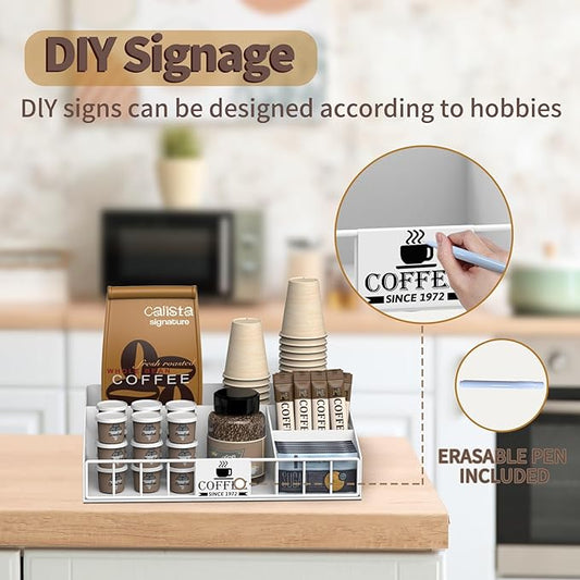 Metal Coffee Station Organizer for Countertop - Coffee Bar Organizer with Designable DIY Logo, K Cup Pods Holder & Tea Condiment Storage - Rustic Breakroom Kitchen Decor in White (1 Pcs)