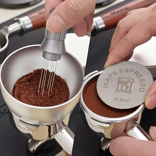 IKAPE Magnetic Dosing Funnel Set, 53MM Espresso Dosing Ring & Puck Screen Kit Compatible with 53 mm Bottomless Portafilter - with 10 Small Magnet (Silver)