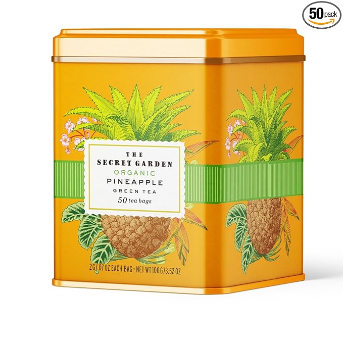 Life Plus Style Gourmet The Secret Garden Organic Pineapple Green Tea Premium Naturally Caffeinated Tropical Fruit Daily USDA Certified Green Tea Non GMO Herbal 50 Tea Bags Gift Tin Enjoy Hot or Iced