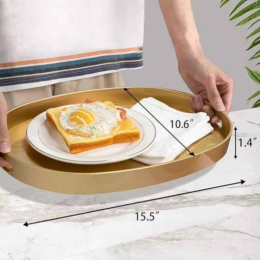 MAONAME Gold Decorative Tray, Oval Serving Tray with Handles, Plastic Trays for Coffee Table, Ottoman Trays for Living Room, Bathroom, 15.6" X 10.6" X 1.4"