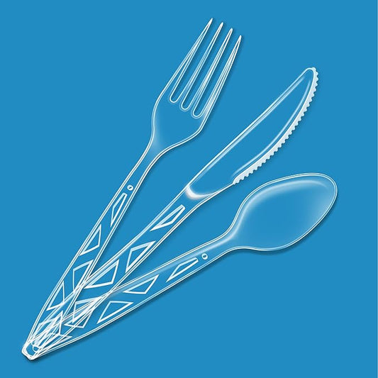 Amazon Basics Disposable Clear Assorted Cutlery Set, Premium Quality, 192 Count, Large Combo Pack Forks, Spoon and Knives