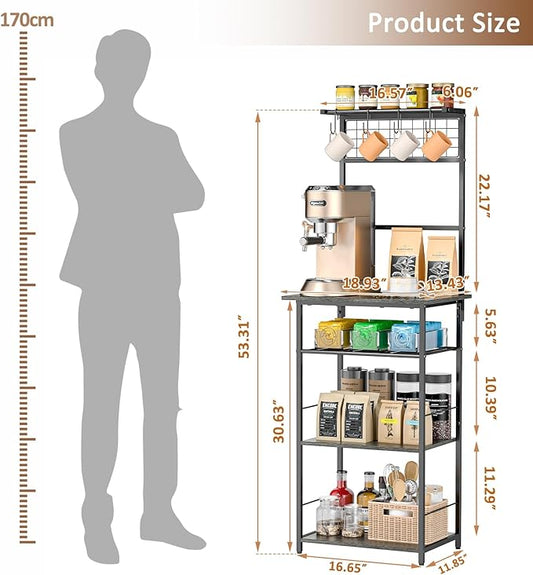 5 Tier Coffee Bar Station, Kitchen Stand with 4 S-Shaped Hooks, Farmhouse Corner Coffee Bar for Small Spaces, Bakers Rack for Kitchen, Entryway, Living Room, 13.43"D x 18.93"W x 53.31"H,Gray