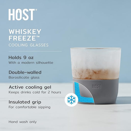 Host Glass Freeze Whiskey Cooling Glasses, Double Wall Glass Cups, Drink Tumblers for Whiskey Tumblers, Insulated Cup Drinkware, 9oz Glass Set of 2
