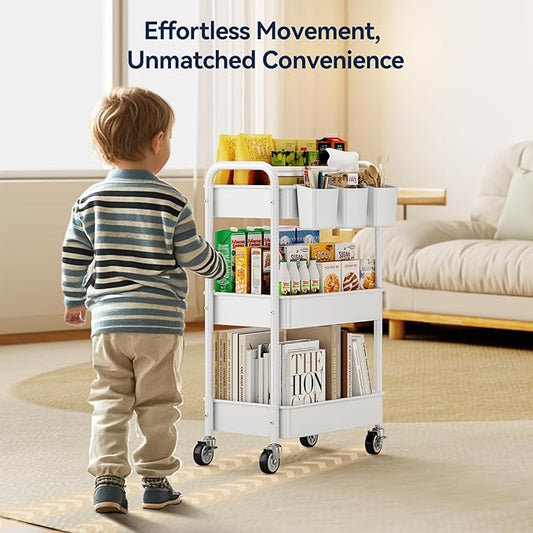 YASONIC Metal 3 Tier Rolling Cart - Heavy Duty Utility Cart with Lockable Wheels, Hanging Cups, Hooks, Mesh Rolling Storage Cart Craft Cart Organizer, Lightweight and Sturdy, White