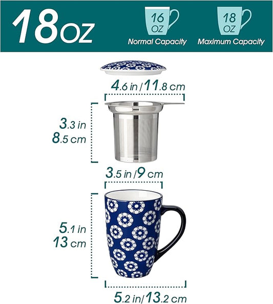 vancasso SELENE Porcelain Tea Mug, 18 oz Porcelain Tea Cup with Infuser and Lid Steeps Loose Leaf Tea, Microwave & Dishwasher Safe, Daisy Cluster
