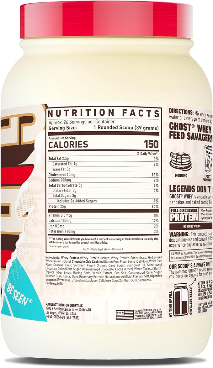 GHOST Whey Protein Powder, Chocolate Chip Cookies - 2LB, 25G of Protein - Whey Protein Isolate & Concentrate Blend - Post Workout Fitness & Nutrition Shakes with Real Cookie Pieces - Gluten-Free