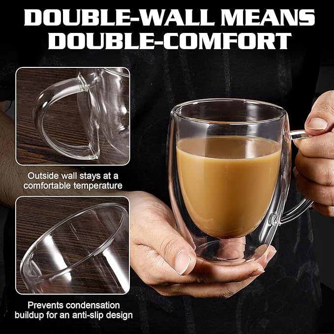 Clear Glass Double Wall Insulated Round Coffee Mugs Set of 4 Pieces - Medium Size 12oz Best Reusable Coffee Mug for Home Cafe Restaurant Perfect for Espresso Capucinno Lungo Latte Coffee