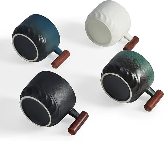 6oz Ceramic Espresso Cups with Wooden Handle, Small Coffee Cups for Latte Cappuccino, Tea Cups Set of 4