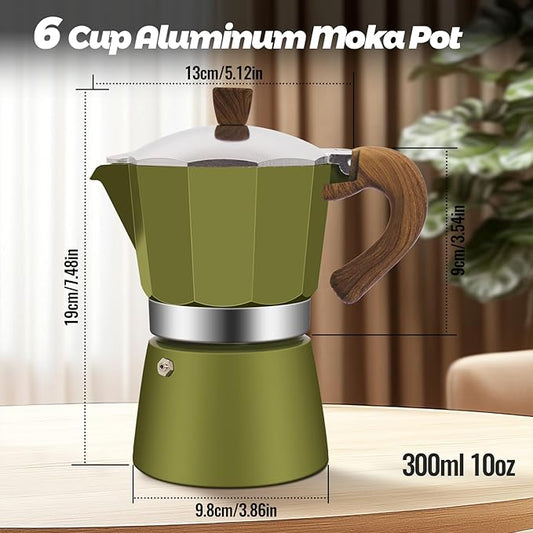 Vaolvpant 6 Cup Aluminum Moka Pot Classic Stovetop Espresso Coffee Maker 300ml 10oz Coffeemaker Percolator Mocha Pot Greca Coffee Maker Cafe Makers for Italian and Cuban Café Brewing Green