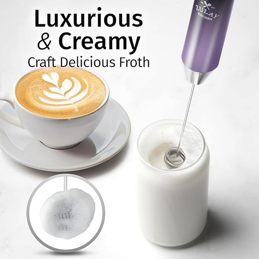 Zulay Kitchen Rechargeable Milk Frother Handheld Lux - Powerful 2-Speed Motor, Waterproof, 2000mAh Battery - Drink Mixer for Latte, Cappuccino, Matcha & Protein Powder - Black Purple