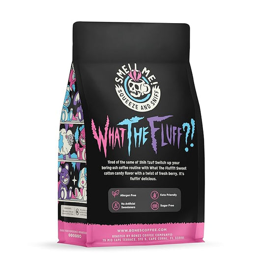 Bones Coffee Company What the Fluff?! Berry Cotton Candy Flavored Coffee, Medium Roast Low Acid Arabica Beans Compatible with Auto drip and French Press Coffee Maker, 12 Oz Whole Bean