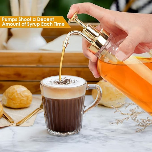 2 Pack 16.9 Oz Coffee Syrup Dispenser for Coffee Bar, 500ml Syrup Pump Dispenser, Glass Syrup Bottle w. Gold Upgraded Pump and 36 Labels, Coffee Bar Accessories Syrup Bottle