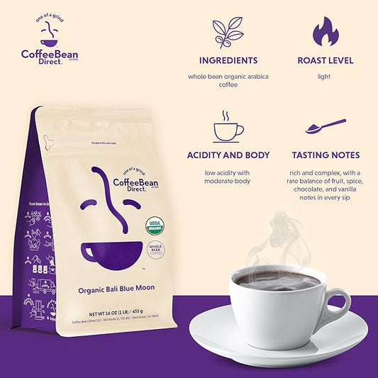 Coffee Bean Direct Organic Bali Blue Moon, Whole Bean Coffee, Light Roast, 1 Pound Bag (Pack of 1)