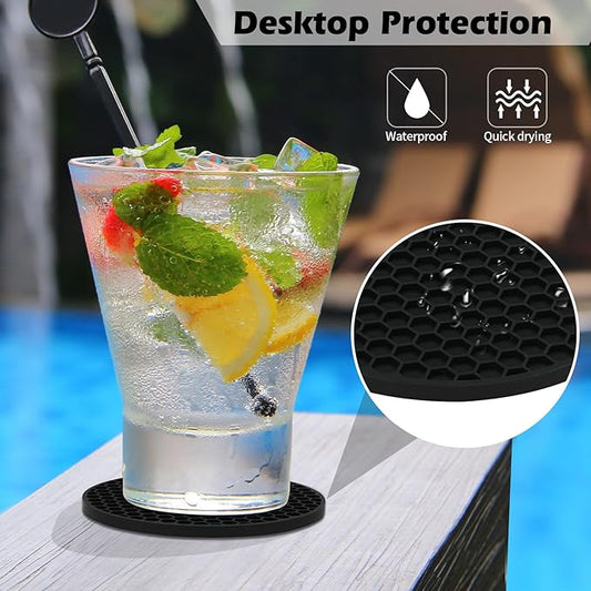 Coasters Set of 6 with Holder,Coasters for Drinks,Coffee Table Decor Coaster,Suitable for Kinds Cups,Anti-Slip,Non-Stick,Silicone Cup Coaster and Living Room Decor (6 Pcs, Black)