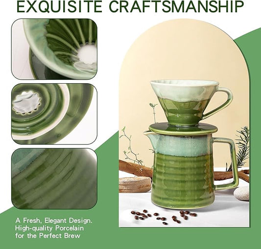 Topadorn Pour Over Coffee Maker Set, 13 Oz Ceramic Coffee Maker & Pour Over Coffee Dripper, Reusable Drip Coffee Maker for Café Restaurant Home Camping, Green