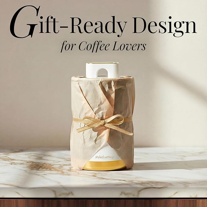 STYLED SETTINGS Vacuum Coffee Container Set – 2 Piece Coffee Jars with Lids for Beans or Grounds, White and Gold Stainless Steel Storage Canisters, Scoop & Labels Included – Coffee Gift Set