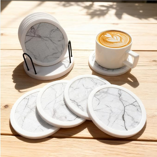 Set of 6 Non-Slip Silicone Coasters with Holder, Double-Sided Absorbent for Hot/Cold Drinks, Scratch & Water Ring Protection for Wood Tables, Home Office Bar, Black Gold Marble (White)