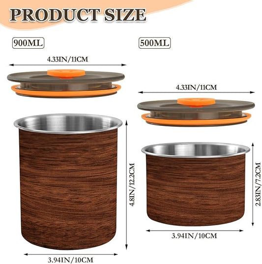 Brown Wood Pattern Airtight Food Canister, 17oz Stainless Steel Storage Jar for Coffee Beans Tea Grains Snacks, Kitchen Organizer Decor