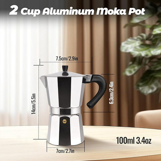 Vaolvpant 2 Cup Aluminum Moka Pot Classic Stovetop Espresso Coffee Maker 100ml 3.4oz Coffeemaker Percolator Mocha Pot Greca Coffee Maker Cafe Makers for Italian and Cuban Café Brewing Silver