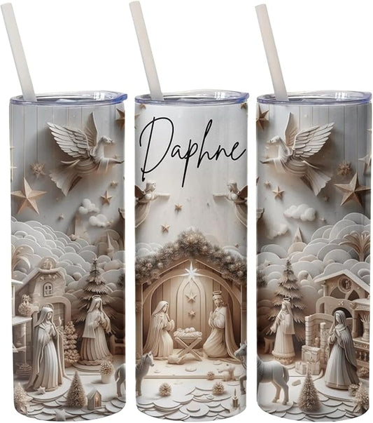 Custom Nativity Scene Tumbler with Straw, Personalized Christmas Religious Themed Insulated Drinkware, 20 oz