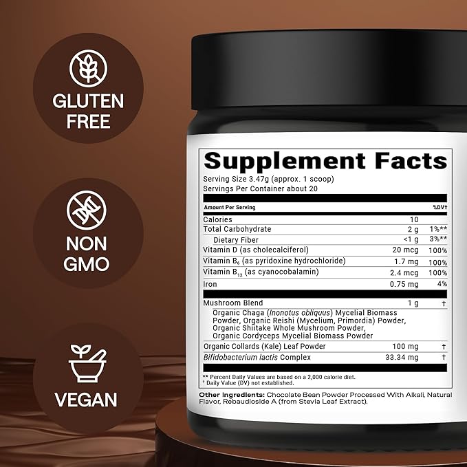 Instant Mushroom Powder 10:1 – Cordyceps Mushroom Supplement with Reishi, Chaga & Shiitake – Caffeine-Free Nighttime Drink with B6, B12, D + Probiotics – Best Mushroom Coffee Organic Blend (Sweet)
