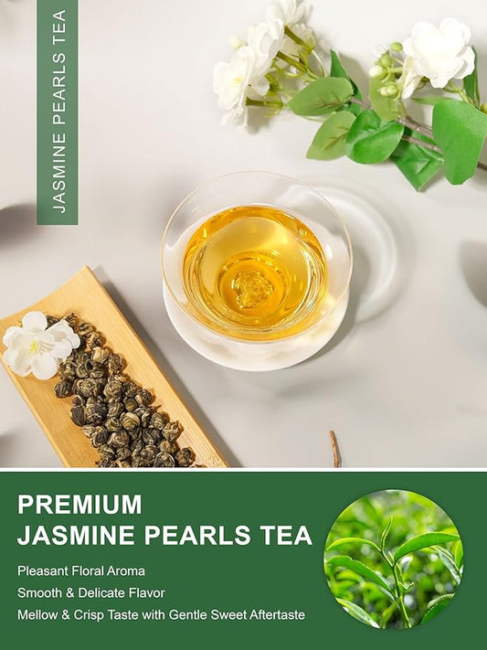 TeeLux Jasmine Pearls Green Tea, Handrolled Green Tea Loose Leaf with Delightful Aroma, Natural Jasmine Pearl Tea, 16oz