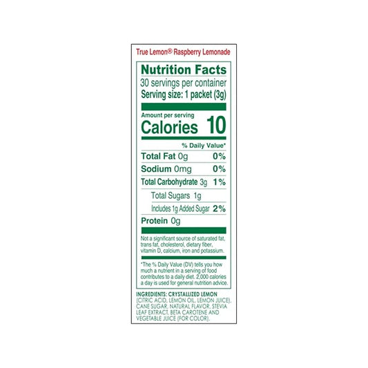 True Citrus True Lemon Raspberry Lemonade Water Enhancer Drink Mix (30ct), Low Calorie Drink Mix Packets for Water, Powdered Drink Mixes & Flavors, Individual Drink Packets, Water Flavor with Stevia