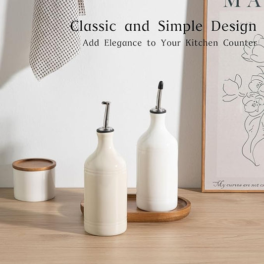 Sweejar Ceramic Olive Oil Dispenser Bottle Set, Opaque Oil Cruet Protects to Reduce Oxidation, Suitable For Storage Of Vinegar, Soy Sauce & Other Liquids,Pack of 2,15.5 Fl Oz(White Beige)