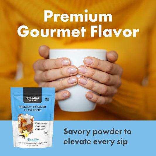 Fifth Avenue Gourmet Premium Powder Flavoring, Zero Sugar, Calories & Carbs, 157g Vanilla Powder for Coffee, Drinks & Treats, Ideal for Keto & Low-Carb Lifestyles - 100 Servings, Vanilla