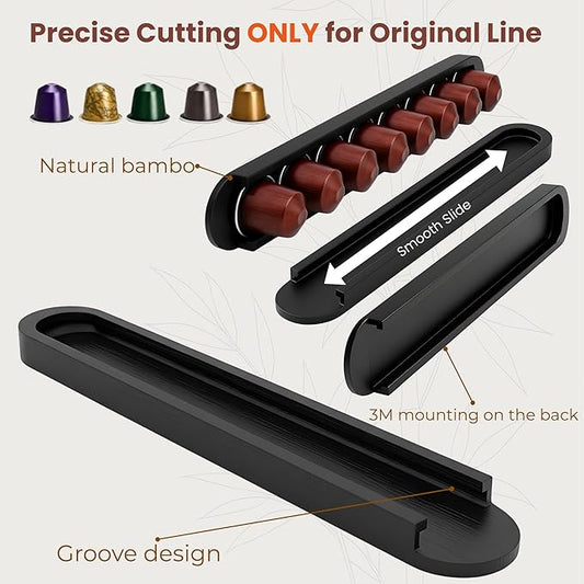 Bamboo Coffee Pod Holder, Adhesive Wall Mount (No Drilling) for Cabinet Door, 36-Capsule Storage (Set of 4) — Vertical/Horizontal — Compatible with Nespresso Original Line-Black