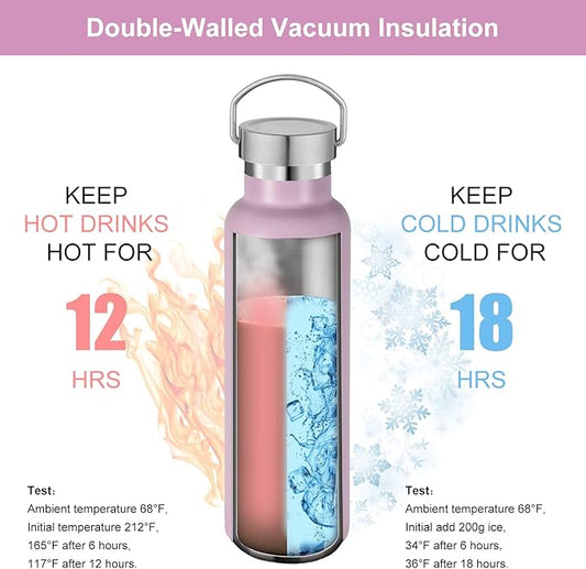 Neihepal Pink Stainless Steel Water Bottles,20 Ounce Vacuum Insulated Double Wall Travel Bottle with Leak Proof Lid of Handle,Metal Reusable Standard Mouth Flask Thermoses for School,Hikers,Gift