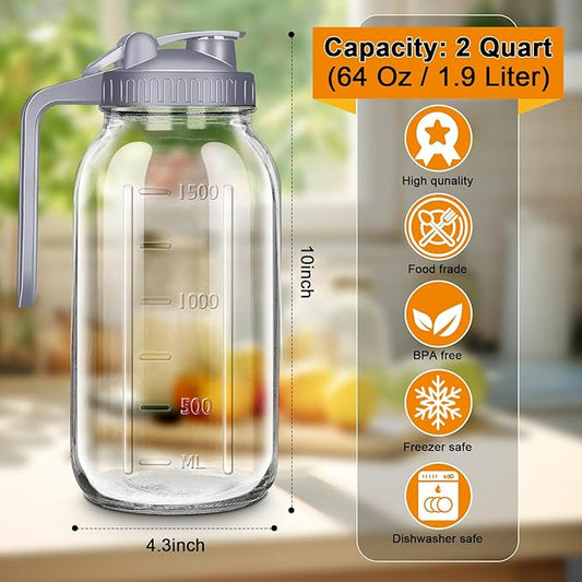 64oz Glass Pitcher with Lid, 2 Quart Mason Jar Pitchers with Lid and Spout, Wide Mouth Breast Milk Pitcher Glass Jug Sun Tea Pitchers, Cold Brew Coffee pitcher, Fridge Container for Water, Juice, Tea