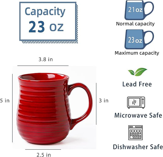 23 oz Large Ceramic Coffee Mugs, Handmade Cup with Large Handle, Big Tea and Coffee Cups for Office and Home, Microwave and Dishwasher Safe (Red)