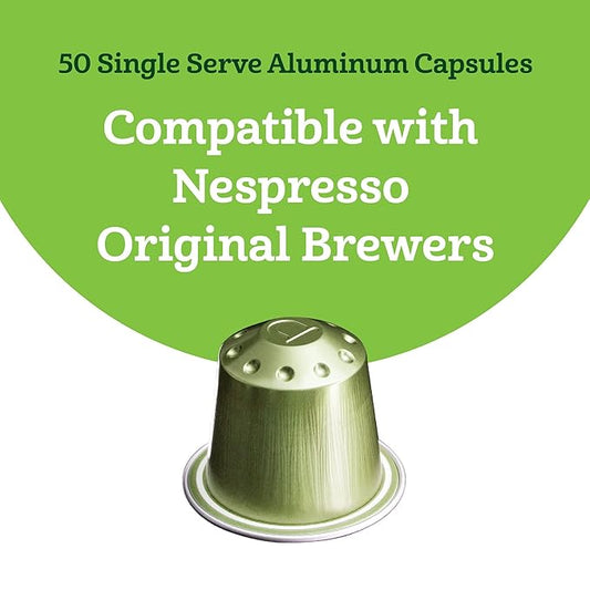 Amazon Fresh Espresso Decaffeinato Dark Roast Aluminum Capsules, Compatible with Nespresso Original Brewers, Intensity 9/13, 50 Count (5 Packs of 10)