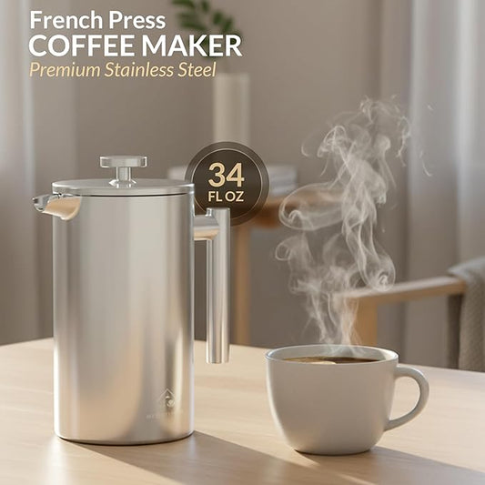 French Press Coffee Maker 304 Stainless Steel 34 Oz Large Double-Walled Insulated French Press 3 Level Filtration System For Kitchen, Camping & Gifting in Premium Box - Dishwasher Safe