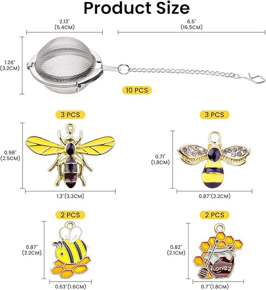 10 Pcs Mesh Tea Infuser,Stainless Steel Tea Ball Filters with Honey Bee Pendant Handmade Tea Steeper Strainer Tea Diffuser with Bee Charms for Loose Leaf Tea