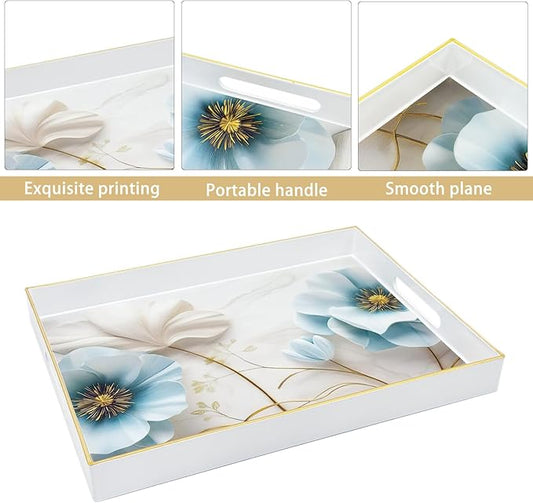 Serving Tray with Handles, 15.7 * 11.8 inches, Plastic Ottoman Tray with Exquisite Paintings, Trays for Coffee Table