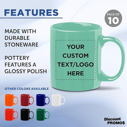 Custom Ceramic Coffee Mugs 11 oz. Set of 10, Personalized Bulk Pack - Coffee cup set, Iced coffee cup, Gaming mug - Tiffany Teal